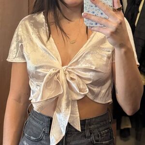 SHEIN Satin Cream Tie-Front Blouse